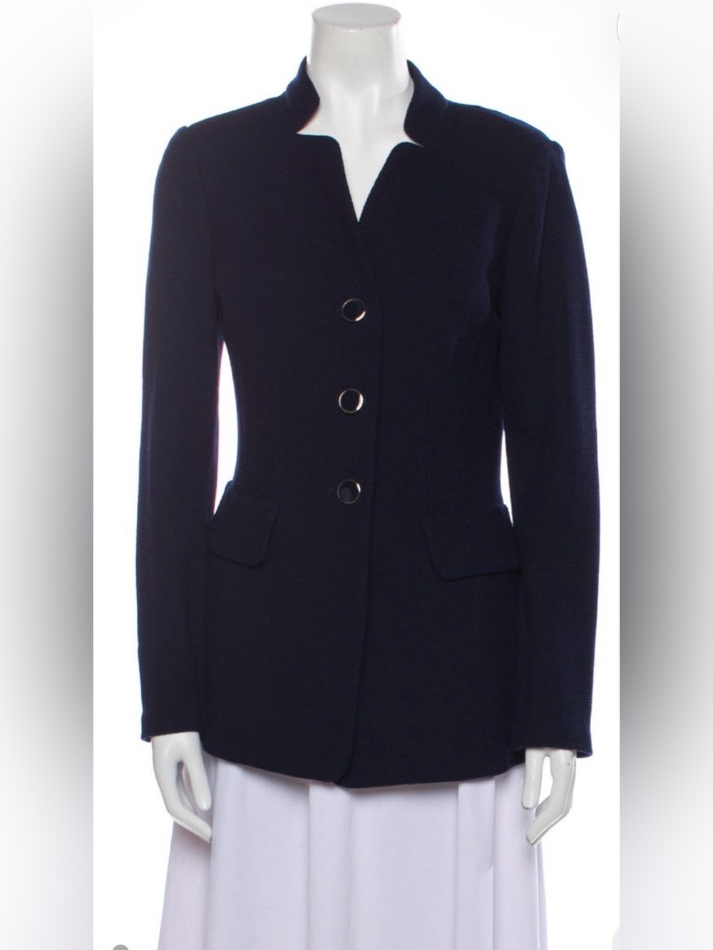 St. John Caviar Navy Wool Blend Peplum Blazer Jacket Size 8